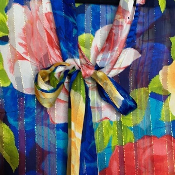 The Moon Floral Bell Sleeve Tie Neck Colorful Semi -Sheer Blouse S Blue Multi - Picture 5 of 9